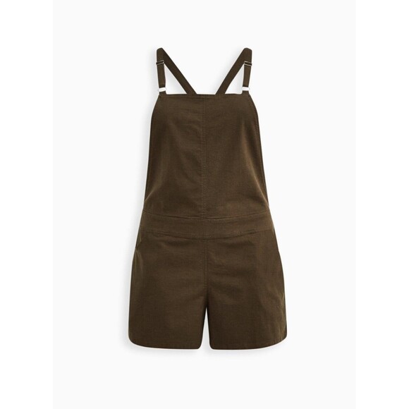 NEW Torrid 3 (3X 22-24) Olive Stretch Linen Blend 3.5" Inseam Shortall Overalls - Picture 1 of 8